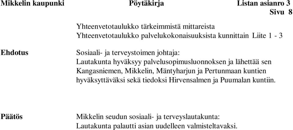 palvelusopimusluonnoksen ja lähettää sen Kangasniemen, Mikkelin, Mäntyharjun ja Pertunmaan kuntien hyväksyttäväksi sekä