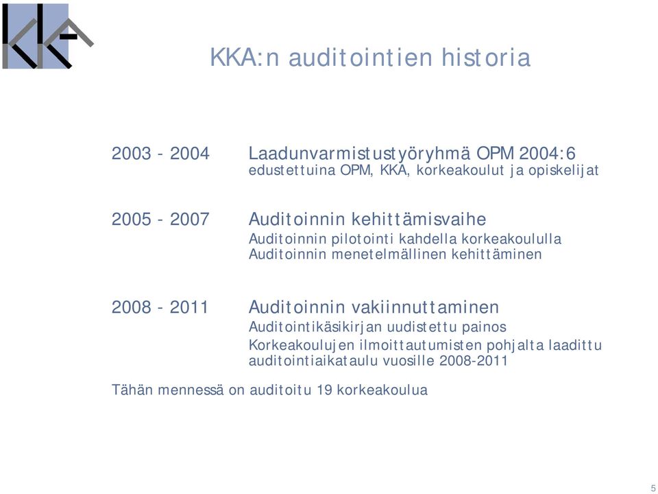 menetelmällinen kehittäminen 2008-2011 Auditoinnin vakiinnuttaminen Auditointikäsikirjan uudistettu painos