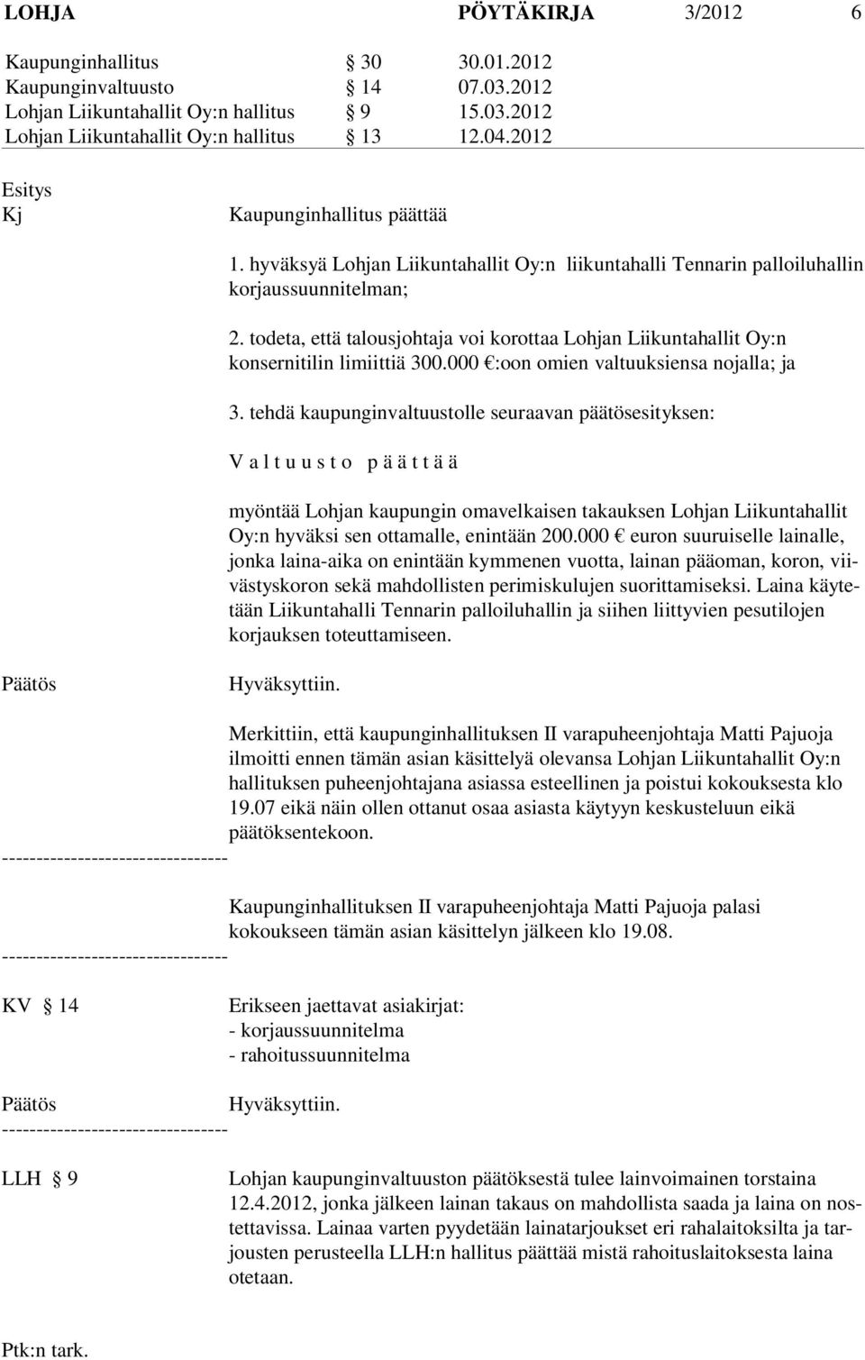 todeta, että talousjohtaja voi korottaa Lohjan Liikuntahallit Oy:n konsernitilin limiittiä 300.000 :oon omien valtuuksiensa nojalla; ja 3.