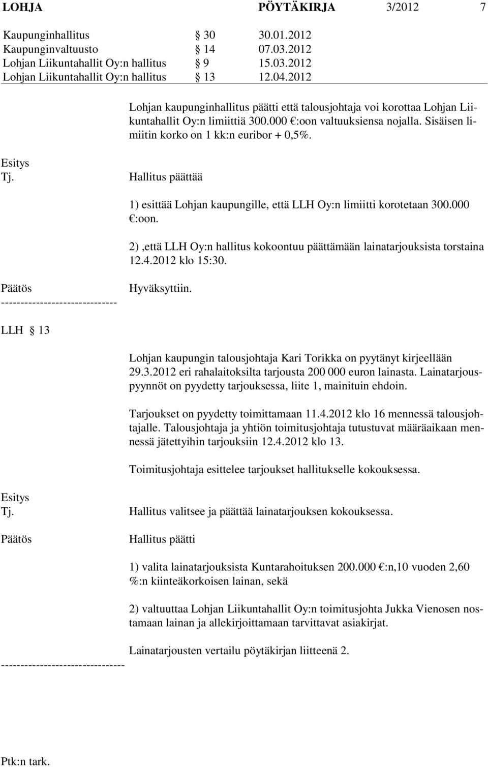 Hallitus päättää 1) esittää Lohjan kaupungille, että LLH Oy:n limiitti korotetaan 300.000 :oon. 2),että LLH Oy:n hallitus kokoontuu päättämään lainatarjouksista torstaina 12.4.2012 klo 15:30.