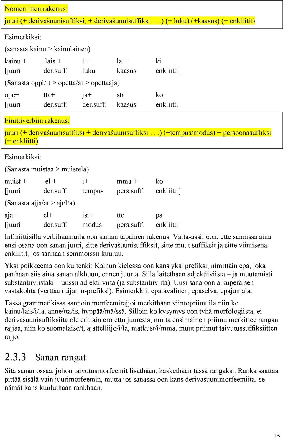 ..) (+tempus/modus) + persoonasuffiksi (+ enkliitti) Esimerkiksi: (Sanasta muistaa > muistela) muist + el + i+ mma + ko [juuri der.suff. tempus pers.suff. enkliitti] (Sanasta ajja/at > ajel/a) aja+ el+ isi+ tte pa [juuri der.