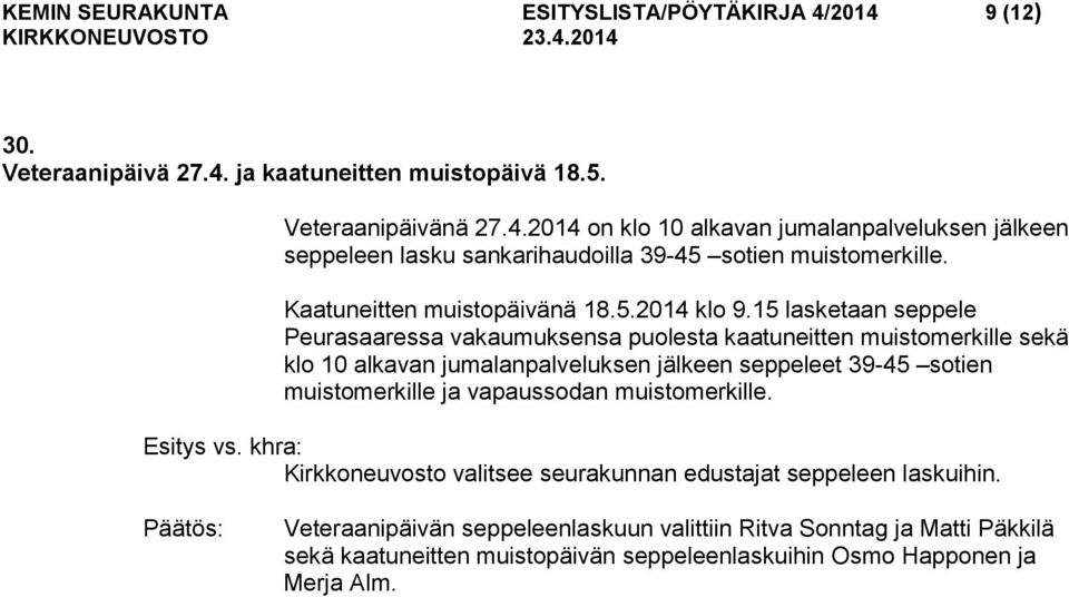 15 lasketaan seppele Peurasaaressa vakaumuksensa puolesta kaatuneitten muistomerkille sekä klo 10 alkavan jumalanpalveluksen jälkeen seppeleet 39-45 sotien muistomerkille ja