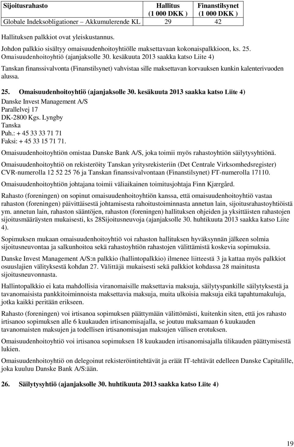 kesäkuuta 2013 saakka katso Liite 4) Tanskan finanssivalvonta (Finanstilsynet) vahvistaa sille maksettavan korvauksen kunkin kalenterivuoden alussa. 25. Omaisuudenhoitoyhtiö (ajanjaksolle 30.