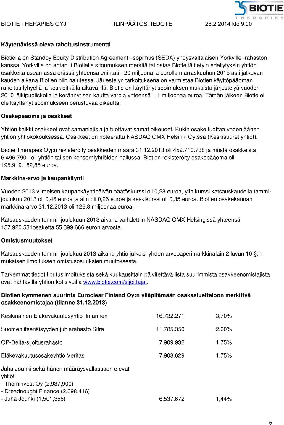 kauden aikana Biotien niin halutessa. Järjestelyn tarkoituksena on varmistaa Biotien käyttöpääoman rahoitus lyhyellä ja keskipitkällä aikavälillä.