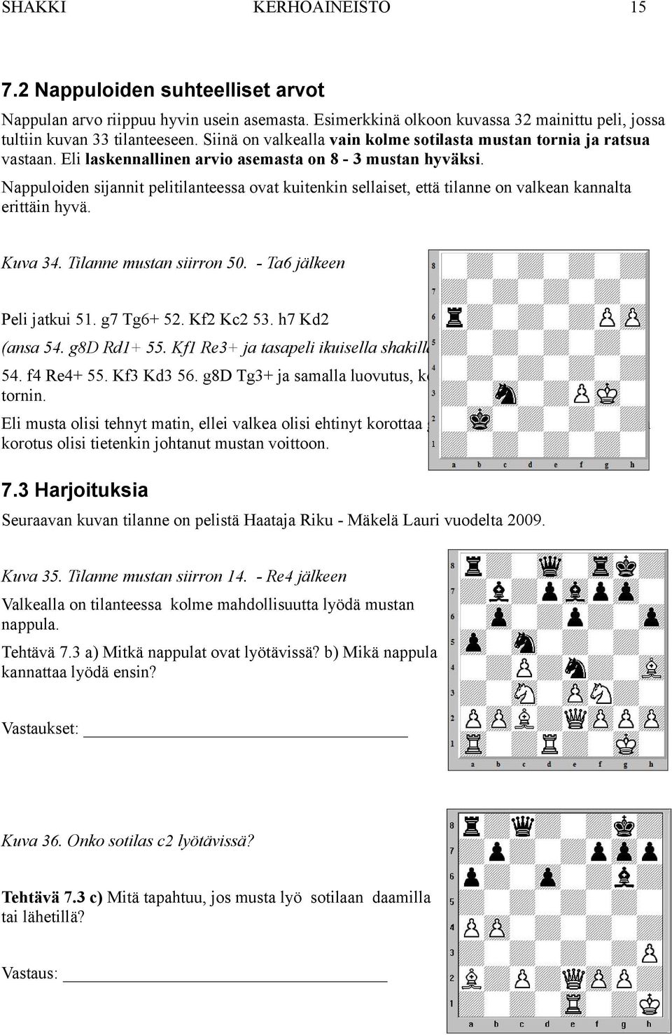 Nappuloiden sijannit pelitilanteessa ovat kuitenkin sellaiset, että tilanne on valkean kannalta erittäin hyvä. Kuva 34. Tilanne mustan siirron 50. - Ta6 jälkeen Peli jatkui 51. g7 Tg6+ 52. Kf2 Kc2 53.