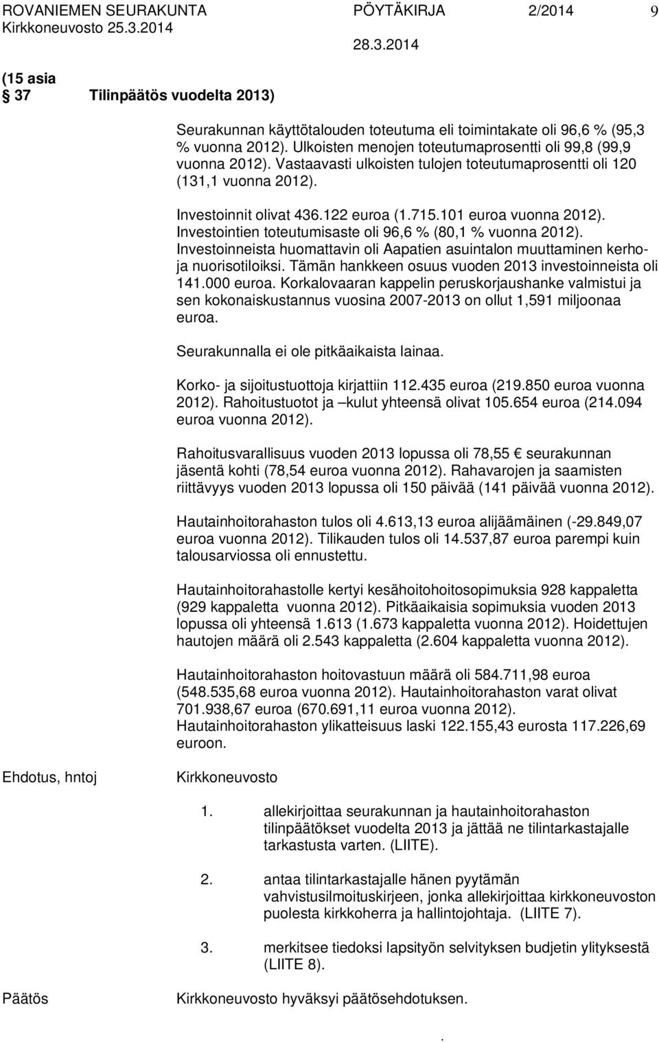 % (80,1 % vuonna 2012) Investoinneista huomattavin oli Aapatien asuintalon muuttaminen kerhoja nuorisotiloiksi Tämän hankkeen osuus vuoden 2013 investoinneista oli 141000 euroa Korkalovaaran kappelin