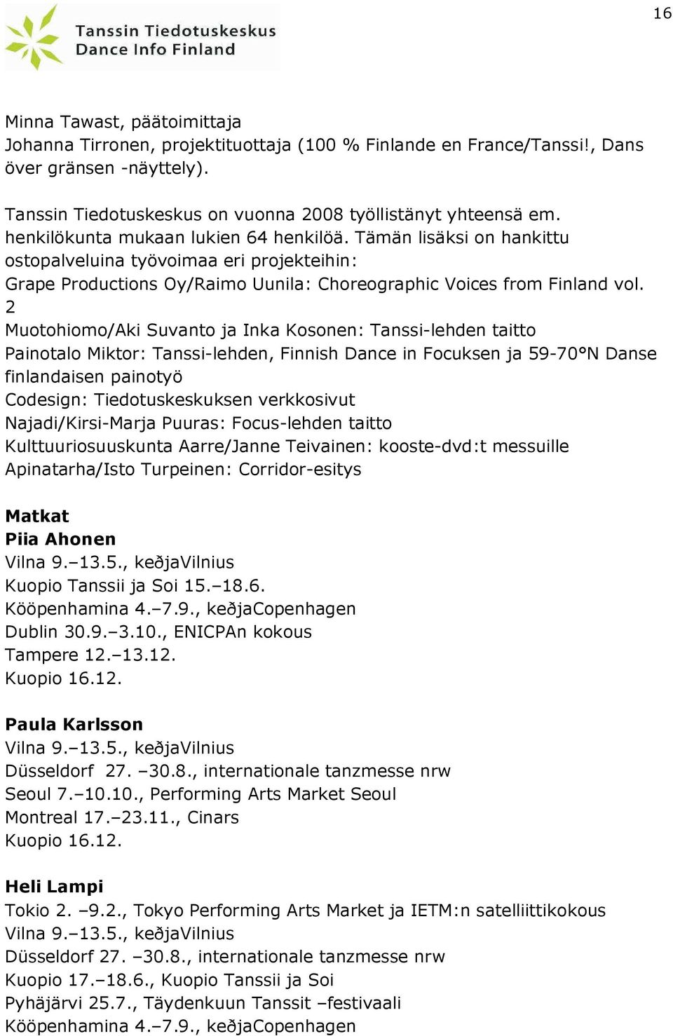 2 Muotohiomo/Aki Suvanto ja Inka Kosonen: Tanssi-lehden taitto Painotalo Miktor: Tanssi-lehden, Finnish Dance in Focuksen ja 59-70 N Danse finlandaisen painotyö Codesign: Tiedotuskeskuksen