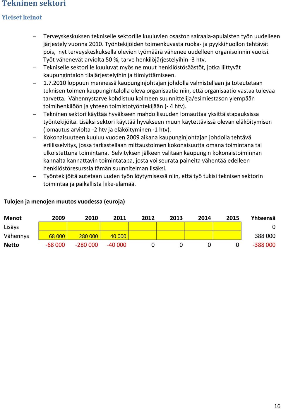 Työt vähenevät arviolta 50 %, tarve henkilöjärjestelyihin 3 htv. Tekniselle sektorille kuuluvat myös ne muut henkilöstösäästöt, jotka liittyvät kaupungintalon tilajärjestelyihin ja tiimiyttämiseen. 1.