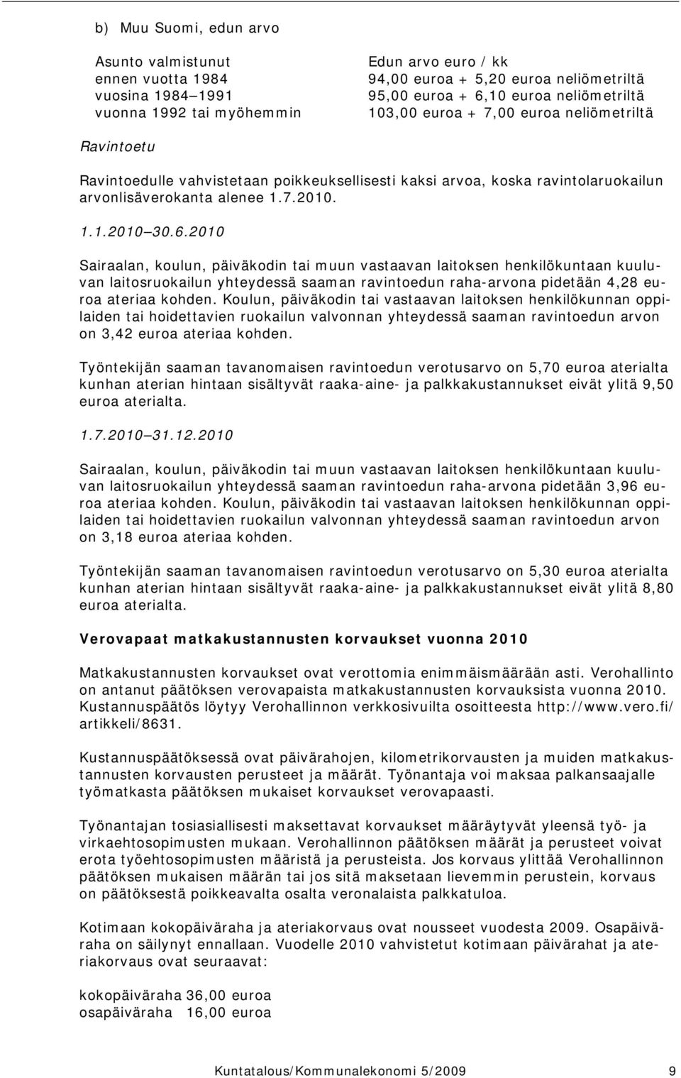 2010 Sairaalan, koulun, päiväkodin tai muun vastaavan laitoksen henkilökuntaan kuuluvan laitosruokailun yhteydessä saaman ravintoedun raha-arvona pidetään 4,28 euroa ateriaa kohden.
