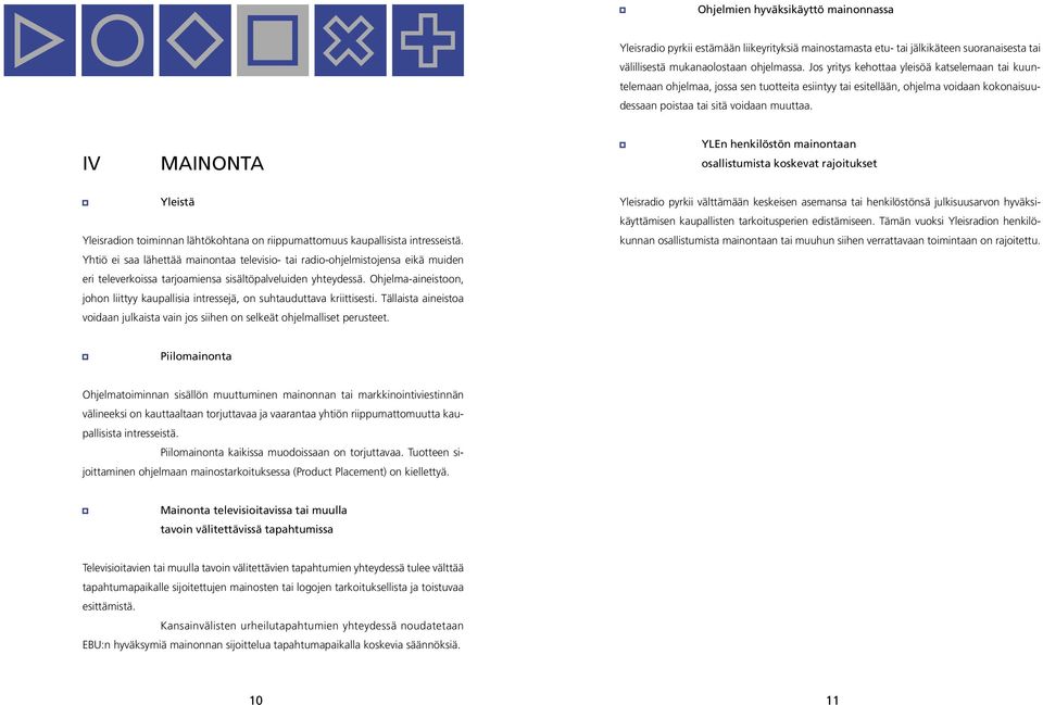 IV MAINONTA YLEn henkilöstön mainontaan osallistumista koskevat rajoitukset Yleistä Yleisradion toiminnan lähtökohtana on riippumattomuus kaupallisista intresseistä.