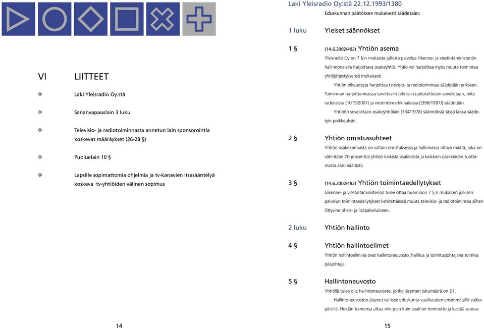 koskevat määräykset (26-28 ) Puoluelain 10 Lapsille sopimattomia ohjelmia ja tv-kanavien itsesääntelyä koskeva tv-yhtiöiden välinen sopimus 1 (14.6.2002/492) Yhtiön asema Yleisradio Oy on 7 :n mukaista julkista palvelua liikenne- ja viestintäministeriön hallinnonalalla harjoittava osakeyhtiö.