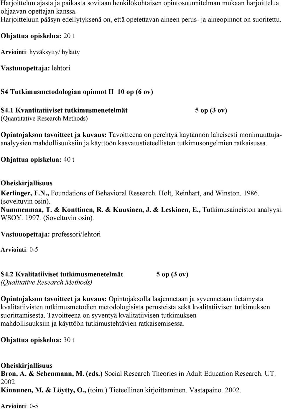 Ohjattua opiskelua: 20 t Arviointi: hyväksytty/ hylätty Vastuuopettaja: lehtori S4 Tutkimusmetodologian opinnot II 10 op (6 ov) S4.