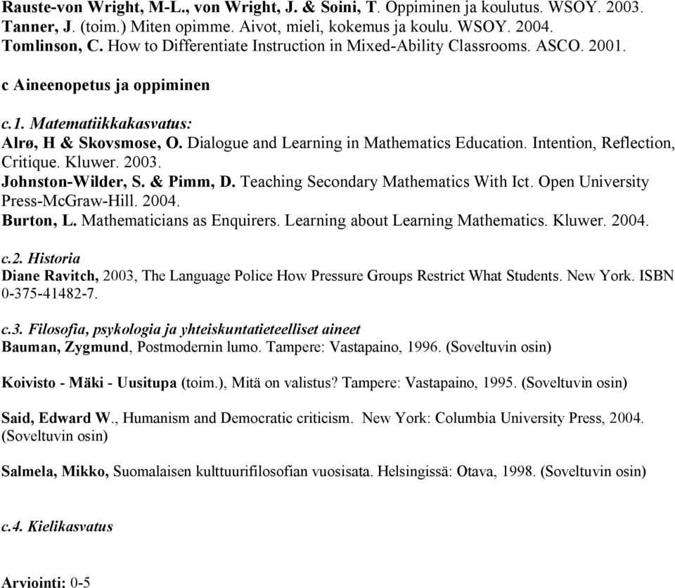 Intention, Reflection, Critique. Kluwer. 2003. Johnston-Wilder, S. & Pimm, D. Teaching Secondary Mathematics With Ict. Open University Press-McGraw-Hill. 2004. Burton, L. Mathematicians as Enquirers.