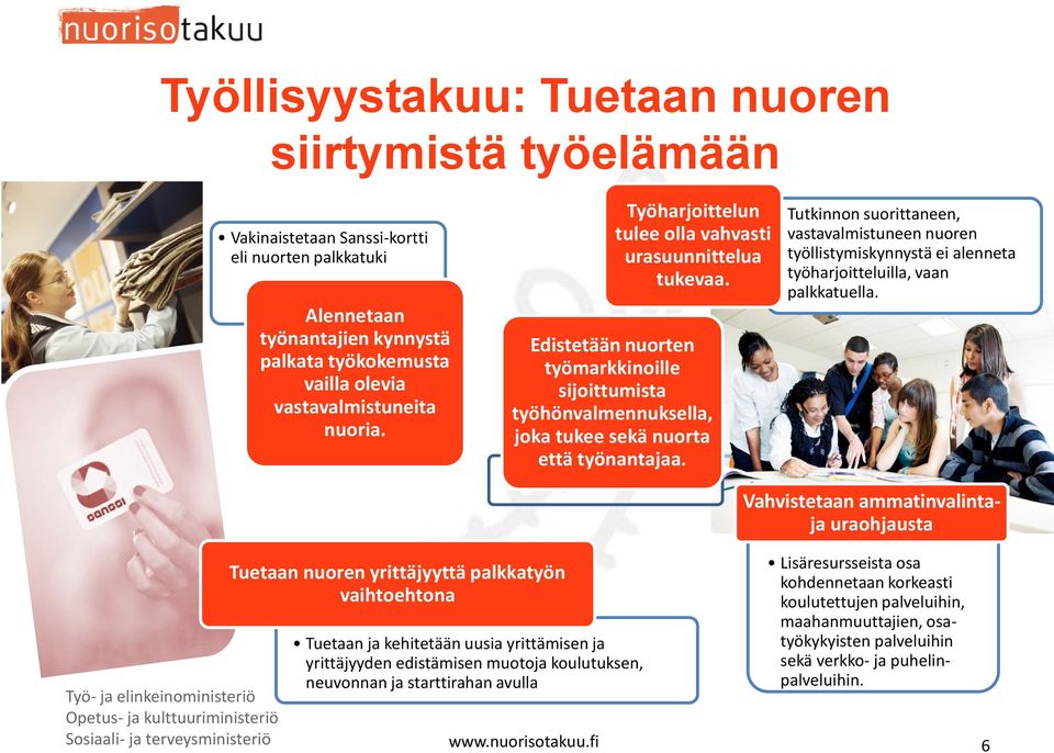 Tutkinnon suorittaneen, vastavalmistuneen nuoren työllistymiskynnystä ei alenneta työharjoitteluilla, vaan palkkatuella.