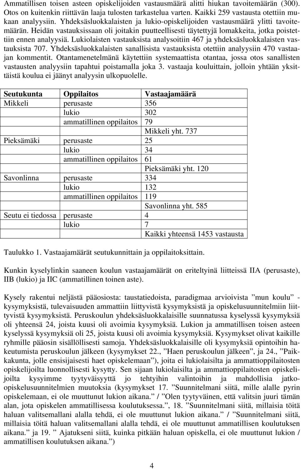 Lukilaisten vastauksista analysitiin 467 ja yhdeksäslukkalaisten vastauksista 707. Yhdeksäslukkalaisten sanallisista vastauksista tettiin analyysiin 470 vastaajan kmmentit.