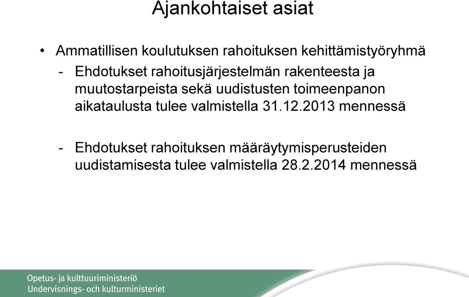 toimeenpanon aikataulusta tulee valmistella 31.12.