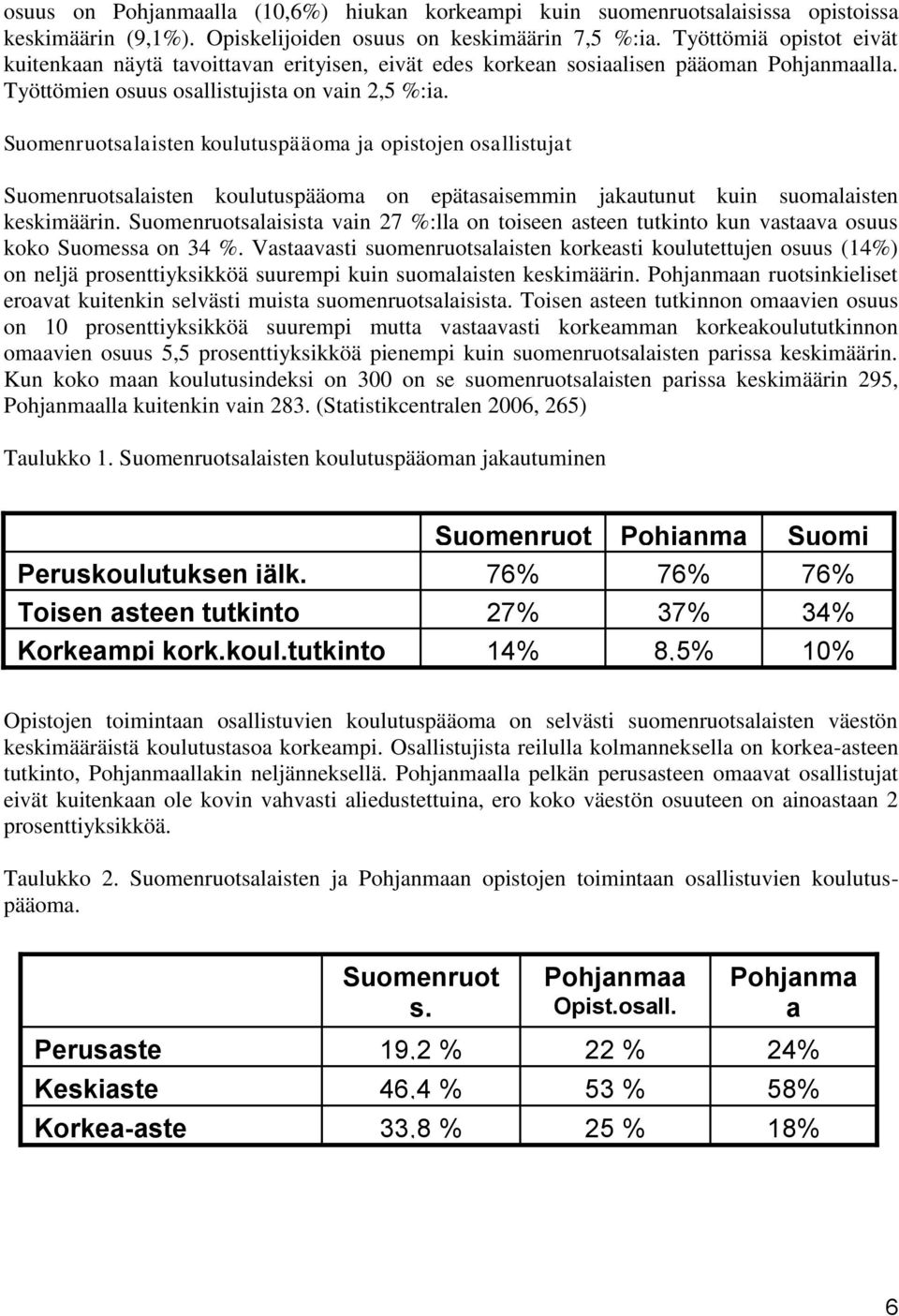 Suomenruotsalaisten koulutuspääoma ja opistojen osallistujat Suomenruotsalaisten koulutuspääoma on epätasaisemmin jakautunut kuin suomalaisten keskimäärin.