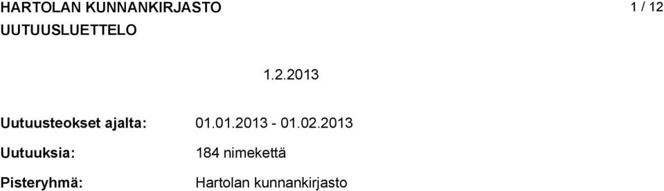 1.2.2013 Uutuusteokset ajalta: