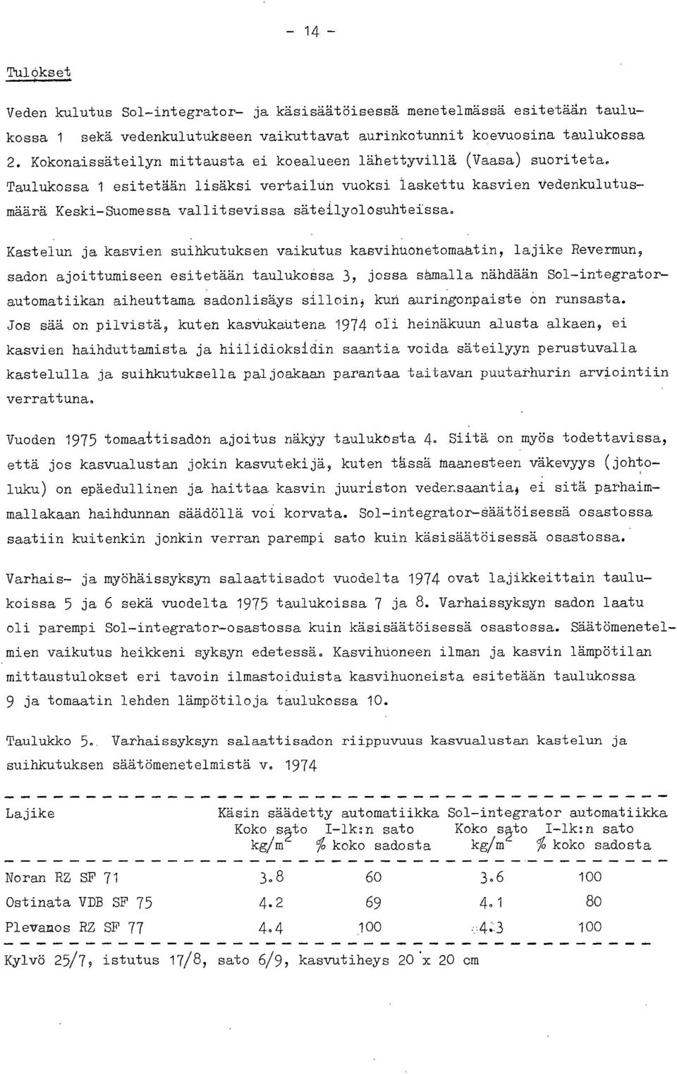 Taulukossa 1 esitetään lisäksi vertailun vuoksi laskettu kasvien Vedenkulutusmäärä Keski-Suomessa vallitsevissa säteilyolosuhteissa.