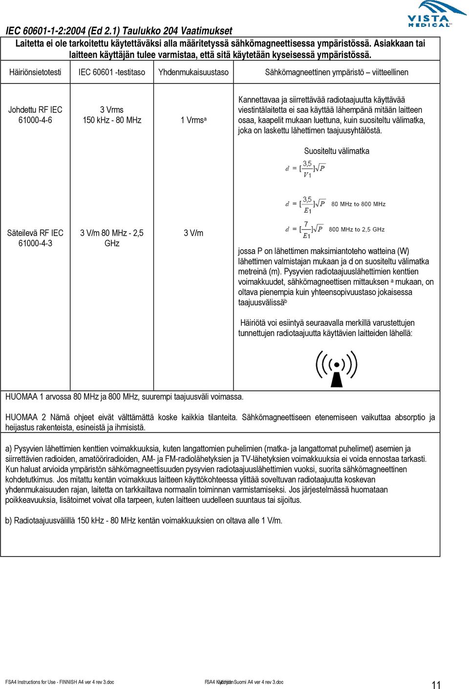 Häiriönsietotesti IEC 60601 -testitaso Yhdenmukaisuustaso Sähkömagneettinen ympäristö viitteellinen Johdettu RF IEC 61000-4-6 3 Vrms 150 khz - 80 MHz 1 Vrms a Kannettavaa ja siirrettävää