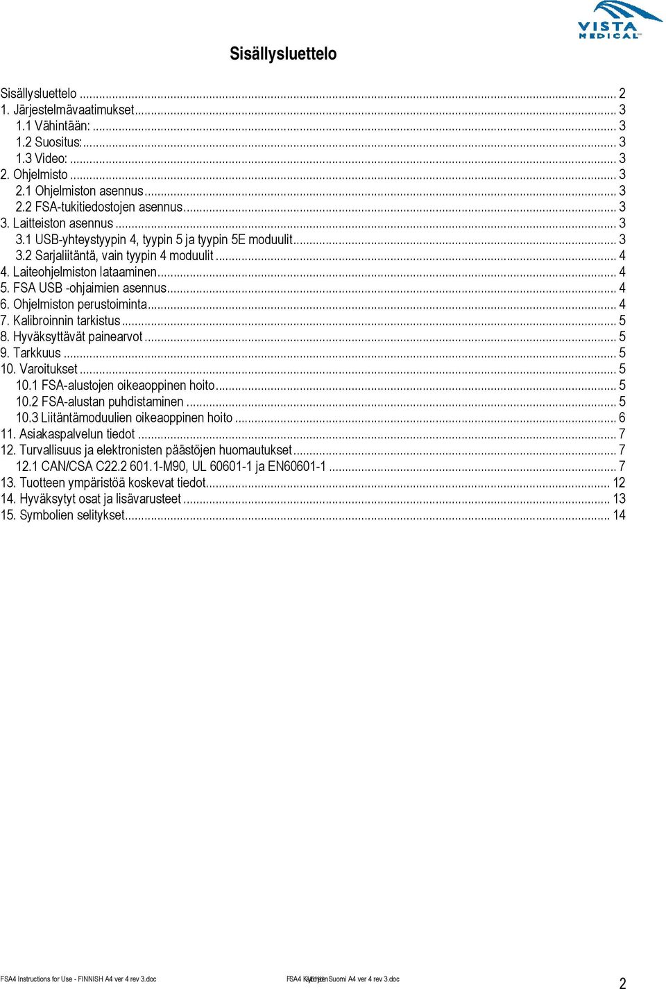 FSA USB -ohjaimien asennus... 4 6. Ohjelmiston perustoiminta... 4 7. Kalibroinnin tarkistus... 5 8. Hyväksyttävät painearvot... 5 9. Tarkkuus... 5 10. Varoitukset... 5 10.1 FSA-alustojen oikeaoppinen hoito.