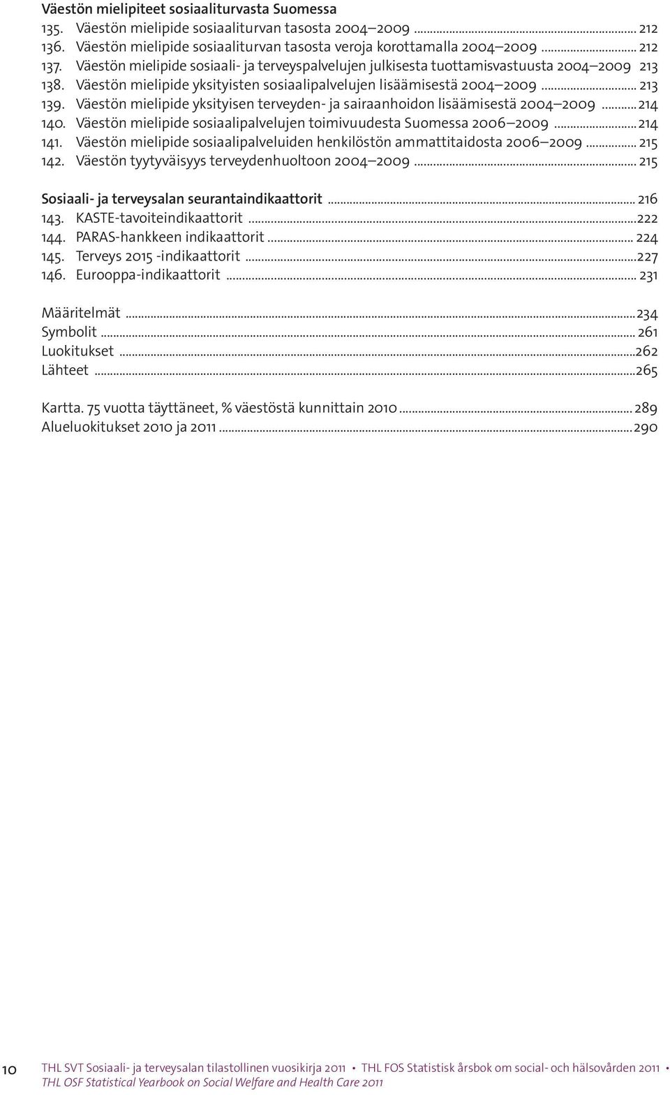 Väestön mielipide yksityisen terveyden- ja sairaanhoidon lisäämisestä 2004 2009...214 140. Väestön mielipide sosiaalipalvelujen toimivuudesta Suomessa 2006 2009...214 141.