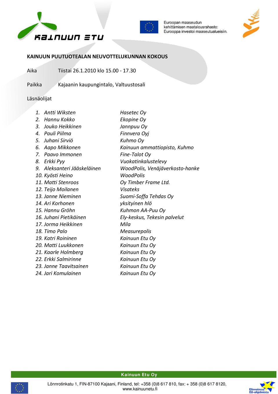 Aleksanteri Jääskeläinen WoodPolis, Venäjäverkosto hanke 10. Kyösti Heino WoodPolis 11. Matti Stenroos Oy Timber Frame Ltd. 12. Teijo Moilanen Visateks 13. Janne Nieminen Suomi Soffa Tehdas Oy 14.