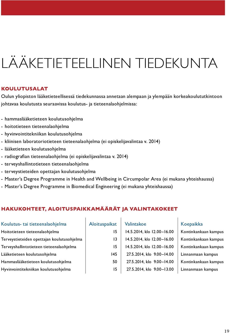 opiskelijavalintaa v. 2014) - lääketieteen koulutusohjelma - radiografian tieteenalaohjelma (ei opiskelijavalintaa v.