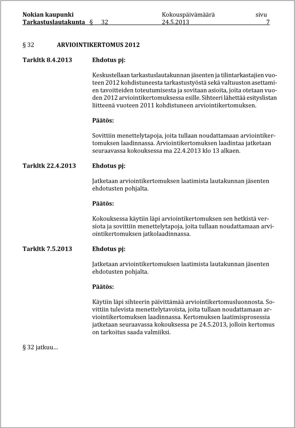 2013 Keskustellaan tarkastuslautakunnan jäsenten ja tilintarkastajien vuoteen 2012 kohdistuneesta tarkastustyöstä sekä valtuuston asettamien tavoitteiden toteutumisesta ja sovitaan asioita, joita