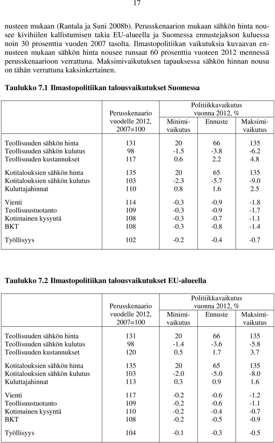 Ilmastopolitiikan vaikutuksia kuvaavan ennusteen mukaan sähkön hinta nousee runsaat 60 prosenttia vuoteen 2012 mennessä perusskenaarioon verrattuna.