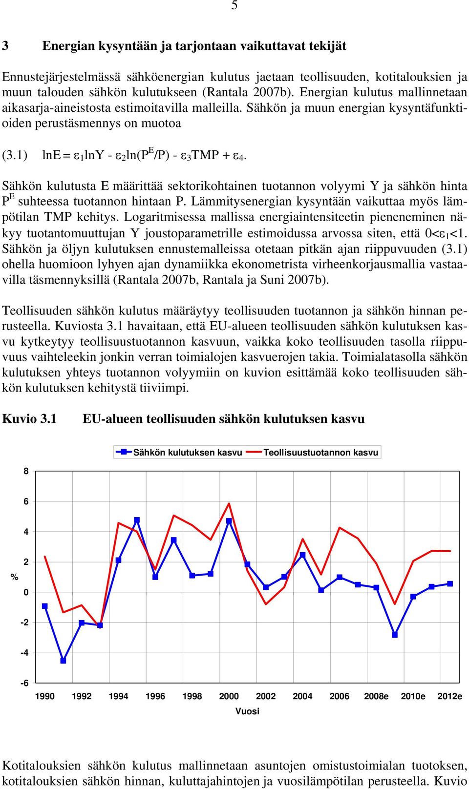 Sähkön kulutusta E määrittää sektorikohtainen tuotannon volyymi Y ja sähkön hinta P E suhteessa tuotannon hintaan P. Lämmitysenergian kysyntään vaikuttaa myös lämpötilan TMP kehitys.