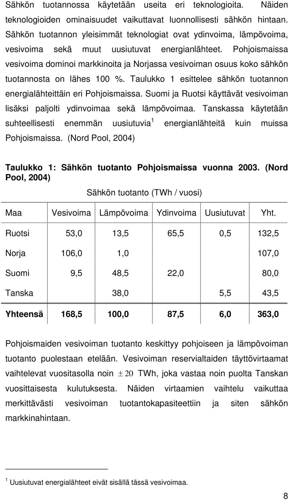 Pohjoismaissa vesivoima dominoi markkinoita ja Norjassa vesivoiman osuus koko sähkön tuotannosta on lähes 100 %. Taulukko 1 esittelee sähkön tuotannon energialähteittäin eri Pohjoismaissa.