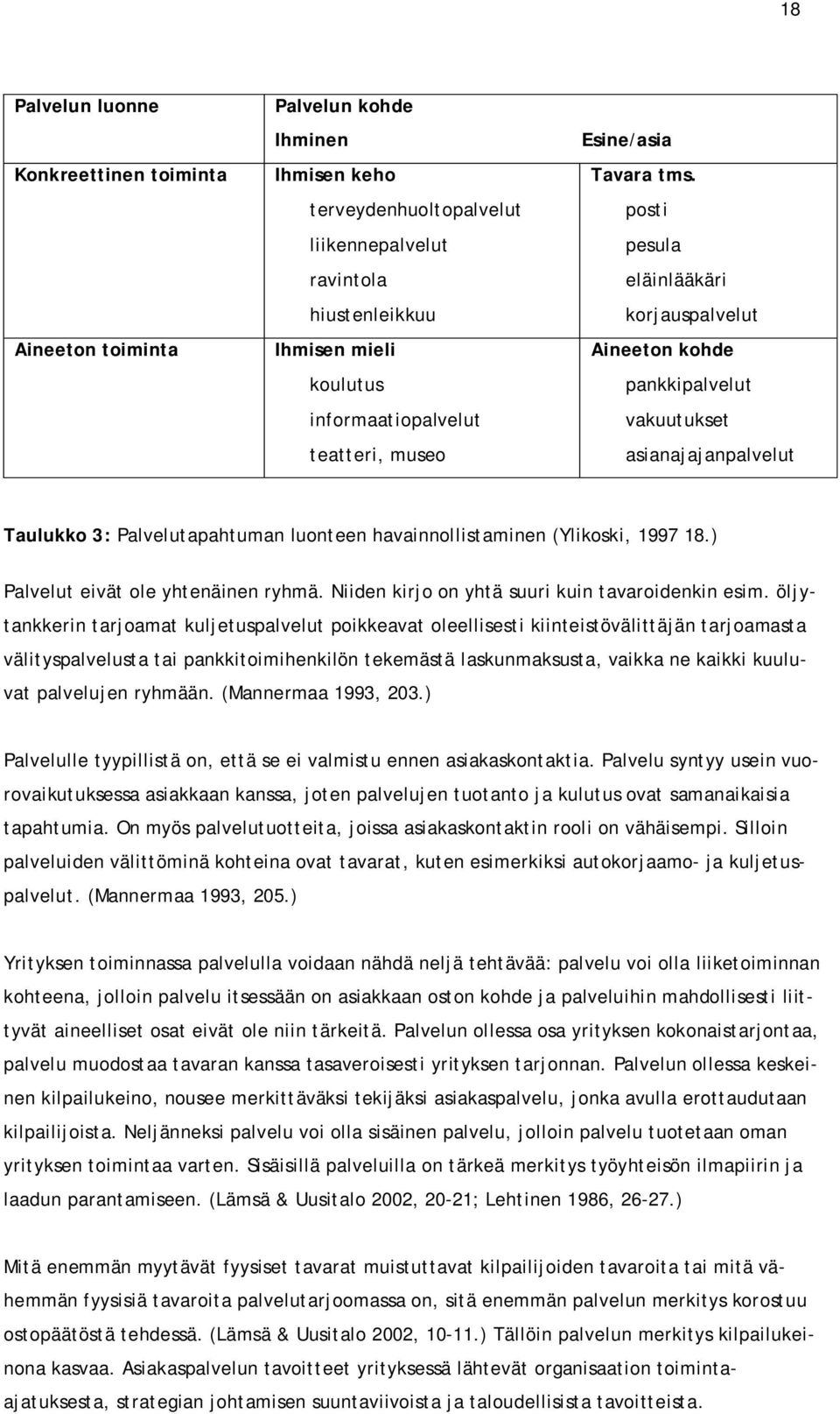 posti pesula eläinlääkäri korjauspalvelut Aineeton kohde pankkipalvelut vakuutukset asianajajanpalvelut Taulukko 3: Palvelutapahtuman luonteen havainnollistaminen (Ylikoski, 1997 18.