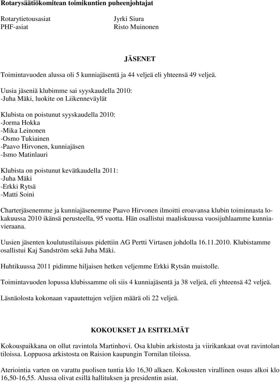 -Ismo Matinlauri Klubista on poistunut kevätkaudella 2011: -Juha Mäki -Erkki Rytsä -Matti Soini Charterjäsenemme ja kunniajäsenemme Paavo Hirvonen ilmoitti eroavansa klubin toiminnasta lokakuussa