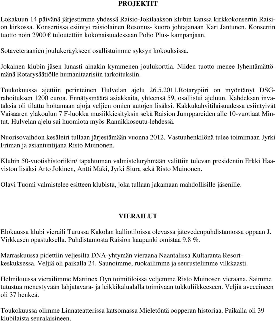 Jokainen klubin jäsen lunasti ainakin kymmenen joulukorttia. Niiden tuotto menee lyhentämättömänä Rotarysäätiölle humanitaarisiin tarkoituksiin. Toukokuussa ajettiin perinteinen Hulvelan ajelu 26.5.