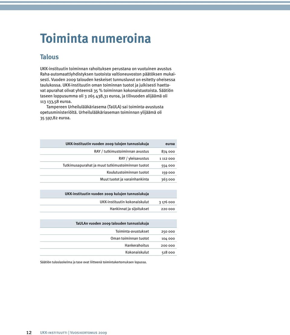 Säätiön taseen loppusumma oli 3 265 438,31 euroa, ja tilivuoden alijäämä oli 113 133,58 euroa. Tampereen Urheilulääkäriasema (TaULA) sai toiminta-avustusta opetusministeriöltä.