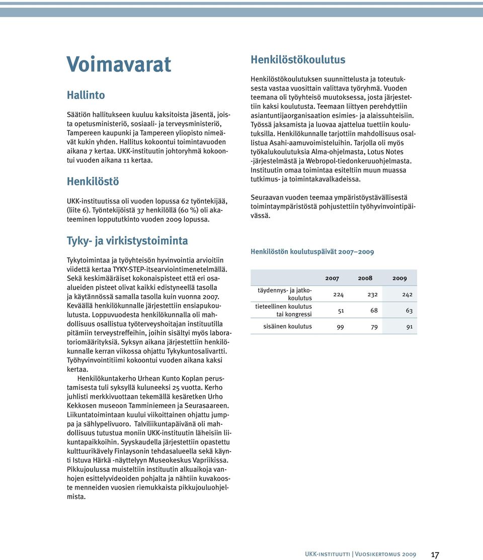 Työntekijöistä 37 henkilöllä (60 %) oli akateeminen loppututkinto vuoden 2009 lopussa.