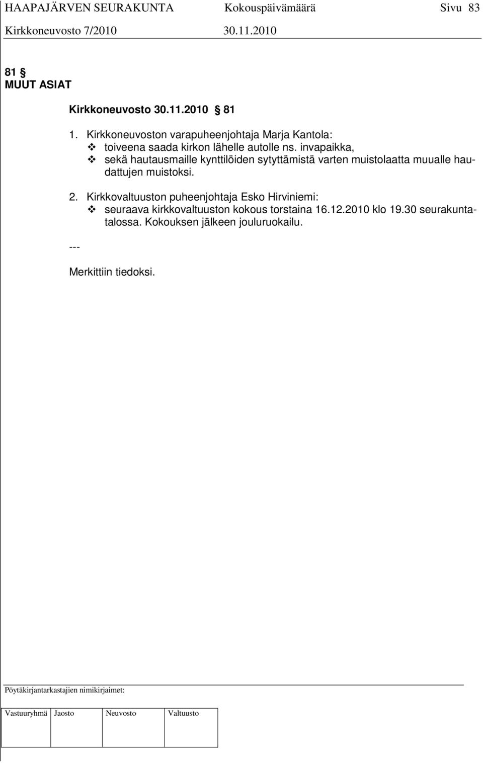 invapaikka, sekä hautausmaille kynttilöiden sytyttämistä varten muistolaatta muualle haudattujen muistoksi. 2.