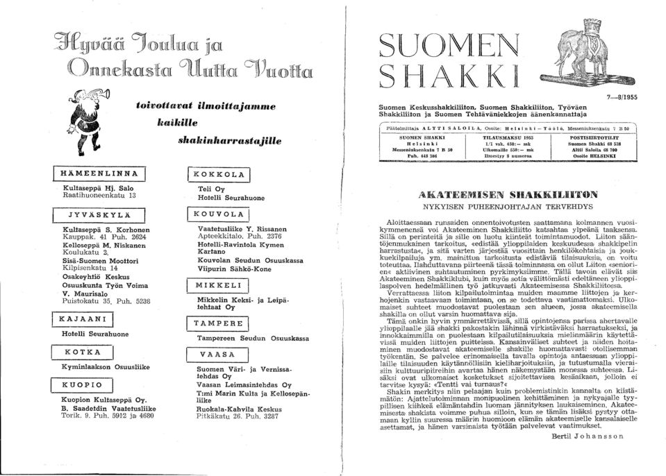 5,23'8 KAJAANI I Hotelli Seurahuone KOTKA Kyminlaakson Osuusliike KUOPIO Kuopion Kultaseppä Oy. B. Saadeidin Vaaietusliike Torik. 9. Puh.