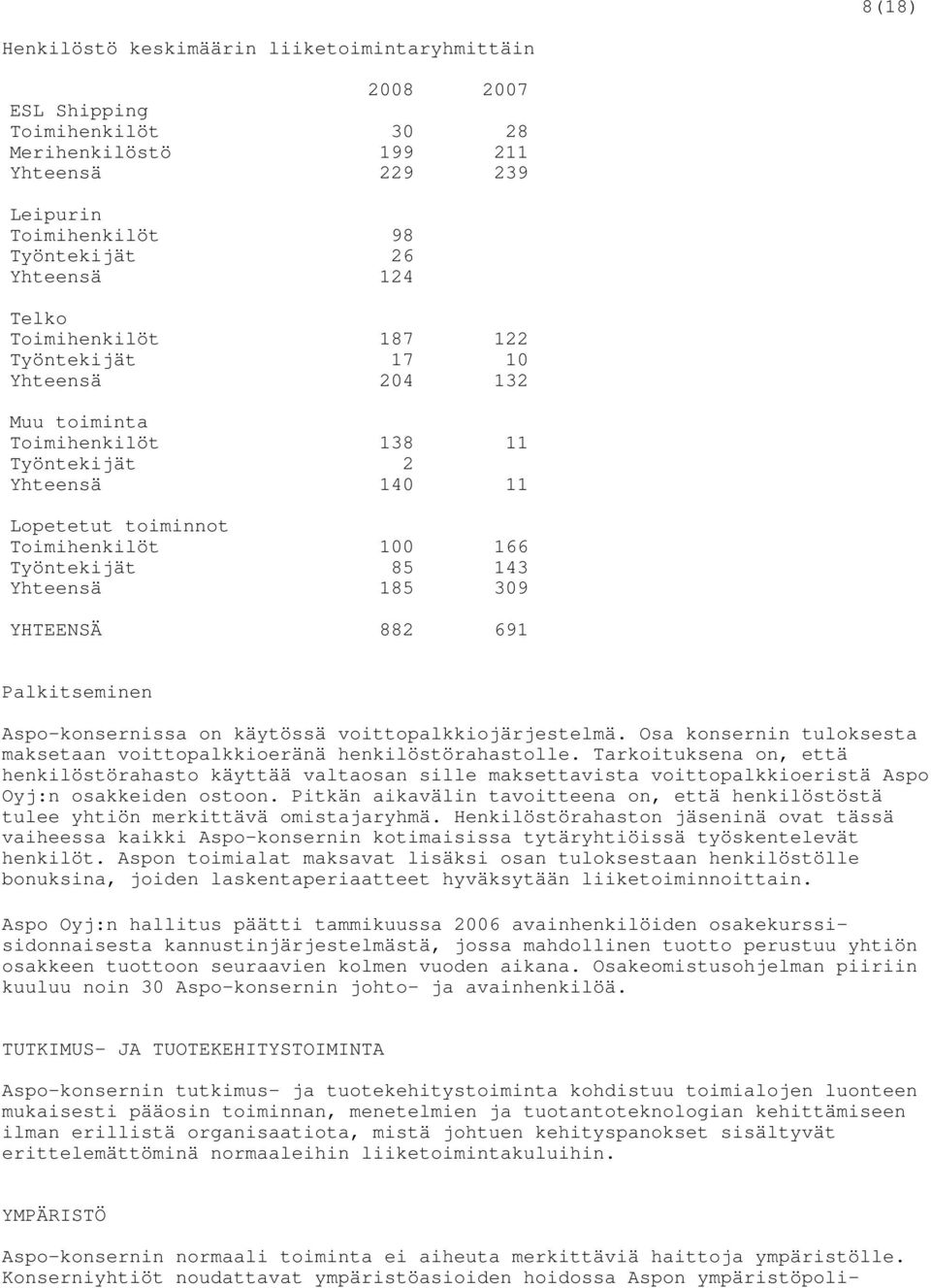 YHTEENSÄ 882 691 Palkitseminen Aspo-konsernissa on käytössä voittopalkkiojärjestelmä. Osa konsernin tuloksesta maksetaan voittopalkkioeränä henkilöstörahastolle.