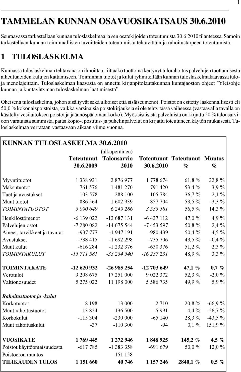 1 TULOSLASKELMA Kunnassa tuloslaskelman tehtävänä on ilmoittaa, riittääkö tuottoina kertynyt tulorahoitus palvelujen tuottamisesta aiheutuneiden kulujen kattamiseen.