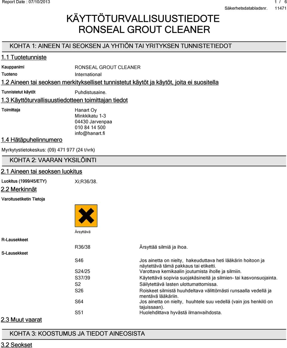 4 Hätäpuhelinnumero Hanart Oy Minkkikatu 1-3 04430 Jarvenpaa 010 84 14 500 info@hanart.fi Myrkytystietokeskus: (09) 471 977 (24 t/vrk) KOHTA 2: VAARAN YKSILÖINTI 2.