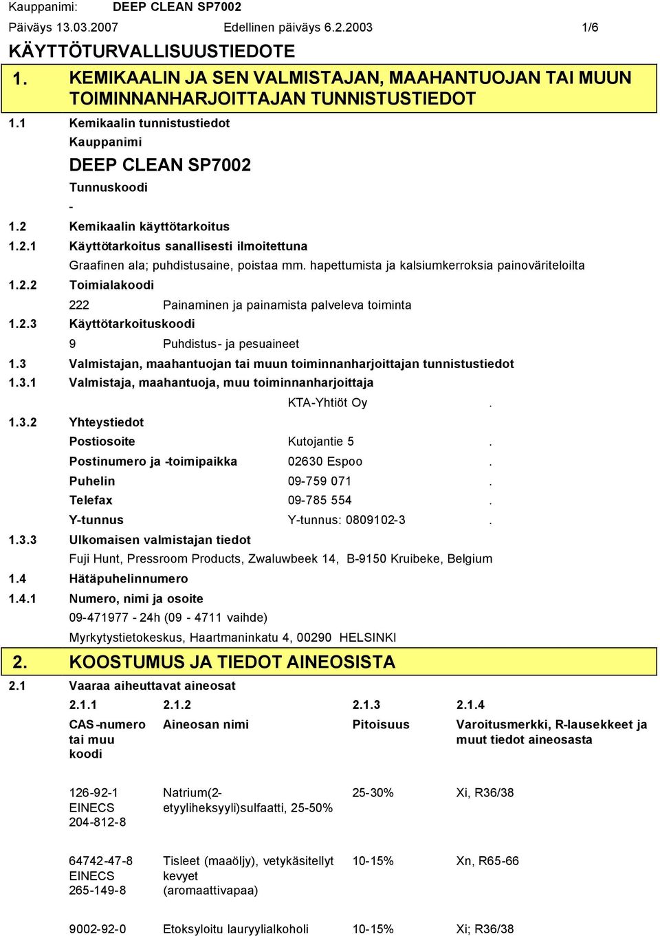 hapettumista ja kalsiumkerroksia painoväriteloilta 1.2.2 Toimialakoodi 222 Painaminen ja painamista palveleva toiminta 1.2.3 Käyttötarkoituskoodi 9 Puhdistus ja pesuaineet 1.