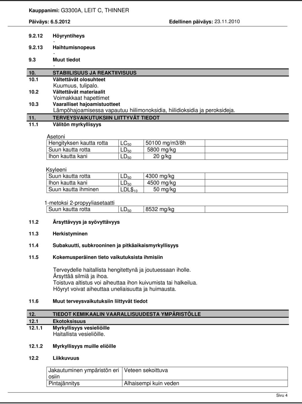 1 Välitön myrkyllisyys Asetoni Hengityksen kautta rotta LC 50 50100 mg/m3/8h Suun kautta rotta LD 50 5800 mg/kg Ihon kautta kani LD 50 20 g/kg Ksyleeni Suun kautta rotta LD 50 4300 mg/kg Ihon kautta