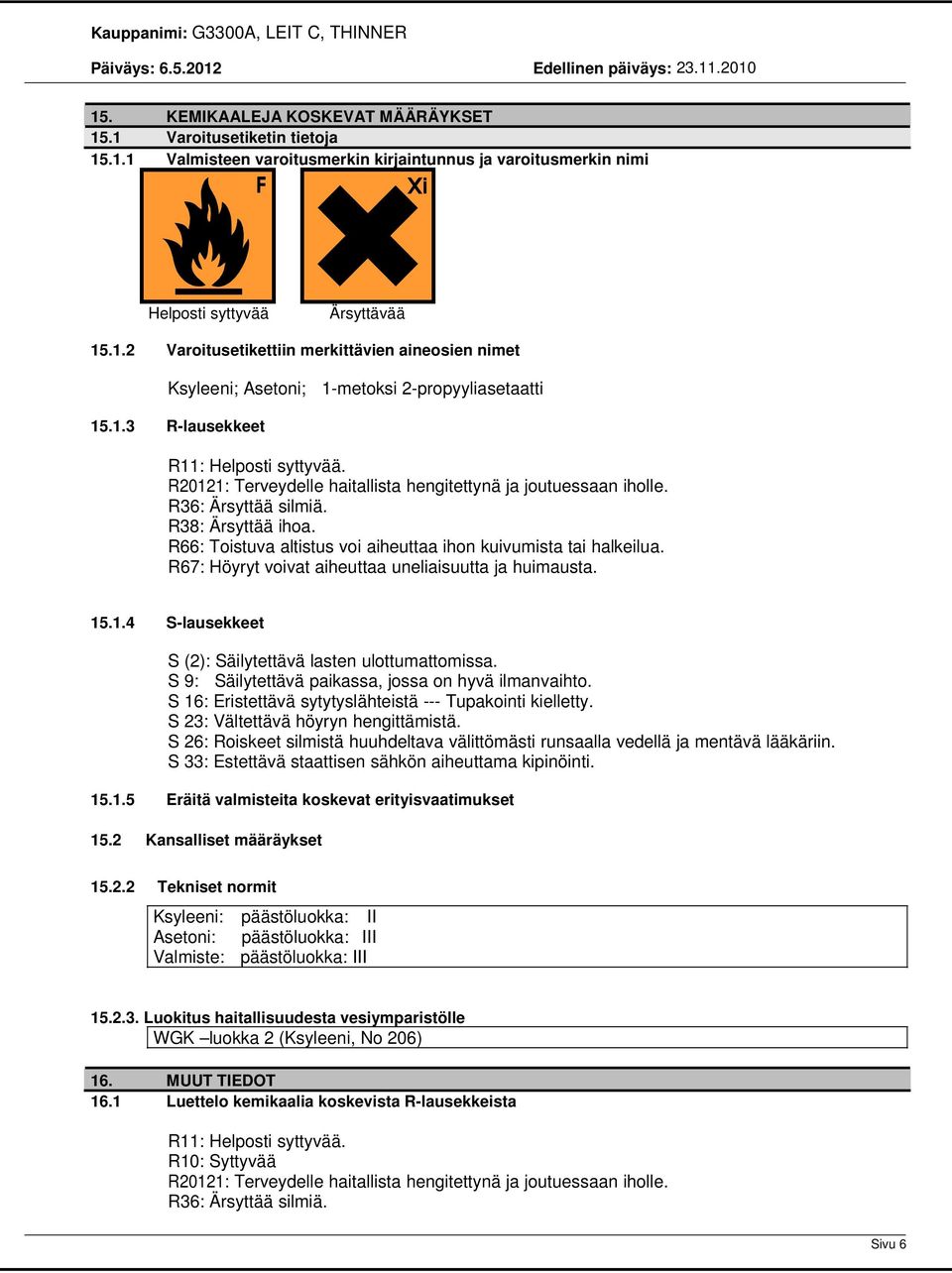 R66: Toistuva altistus voi aiheuttaa ihon kuivumista tai halkeilua. R67: Höyryt voivat aiheuttaa uneliaisuutta ja huimausta. 15.1.4 Slausekkeet S (2): Säilytettävä lasten ulottumattomissa.