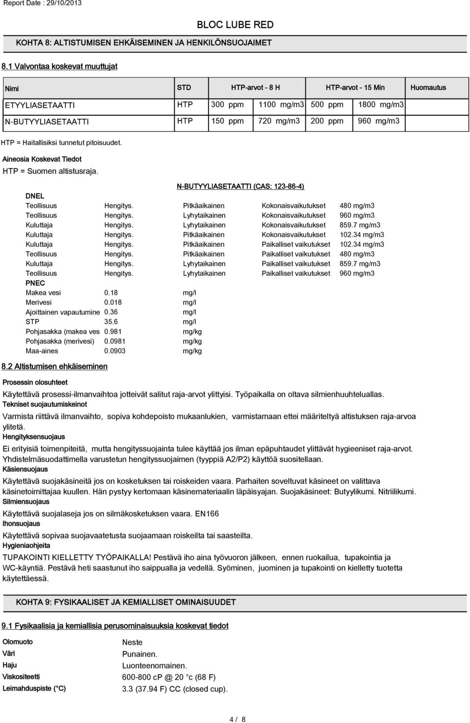 mg/m3 HTP = Haitallisiksi tunnetut pitoisuudet. Aineosia Koskevat Tiedot HTP = Suomen altistusraja. DNEL Teollisuus Hengitys. Pitkäaikainen Kokonaisvaikutukset 480 mg/m3 Teollisuus Hengitys.