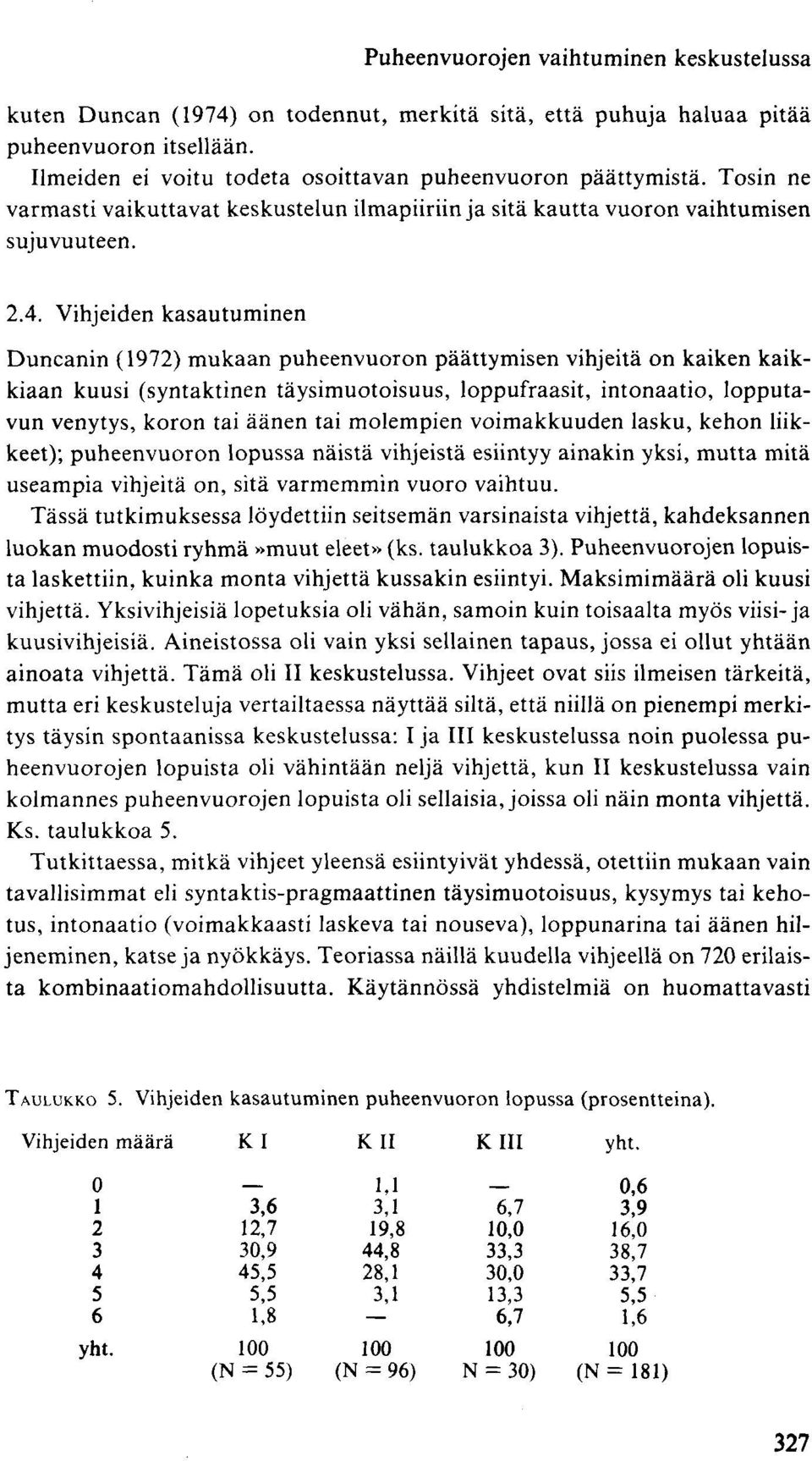 Vihjeiden kasautuminen Duncanin (1972) mukaan puheenvuoron päättymisen vihjeitä on kaiken kaikkiaan kuusi (syntaktinen täysimuotoisuus, loppufraasit, intonaatio, lopputavun venytys, koron tai äänen