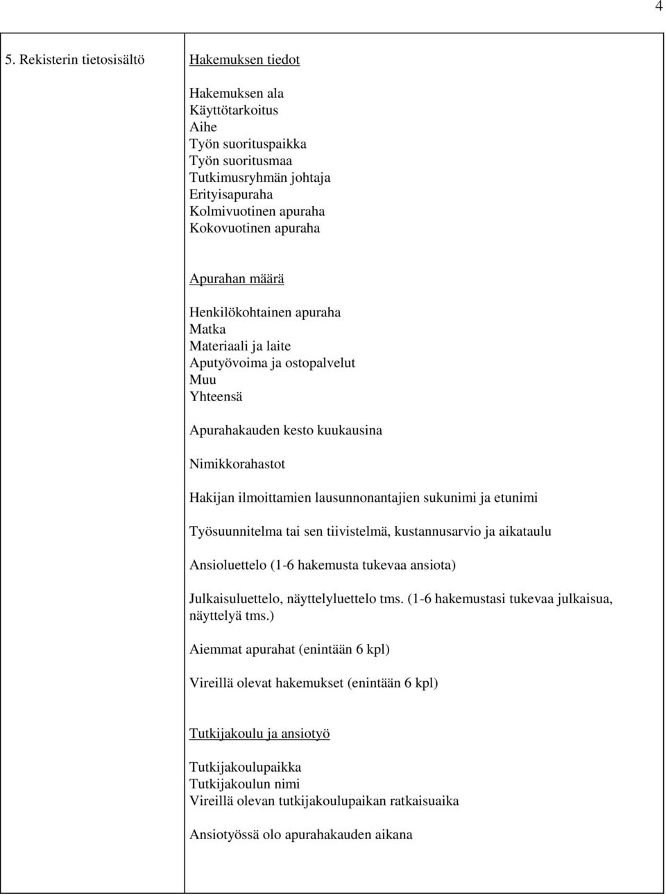 lausunnonantajien sukunimi ja etunimi Työsuunnitelma tai sen tiivistelmä, kustannusarvio ja aikataulu Ansioluettelo (1-6 hakemusta tukevaa ansiota) Julkaisuluettelo, näyttelyluettelo tms.