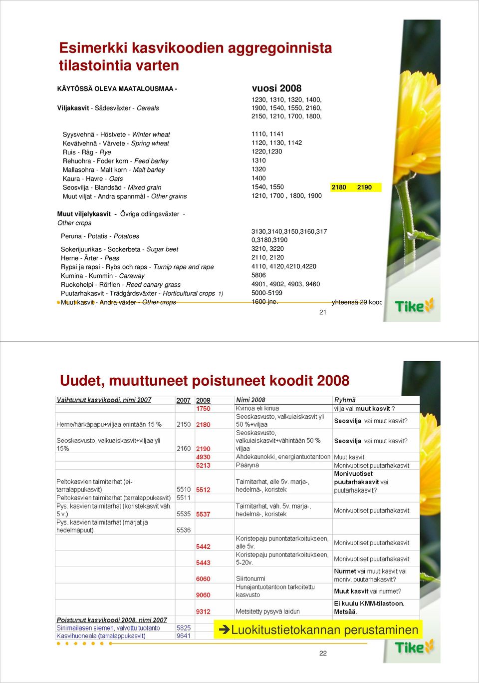 korn - Malt barley 1320 Kaura - Havre - Oats 1400 Seosvilja - Blandsäd - Mixed grain 1540, 1550 2180 2190 Muut viljat - Andra spannmål - Other grains 1210, 1700, 1800, 1900 Muut viljelykasvit -