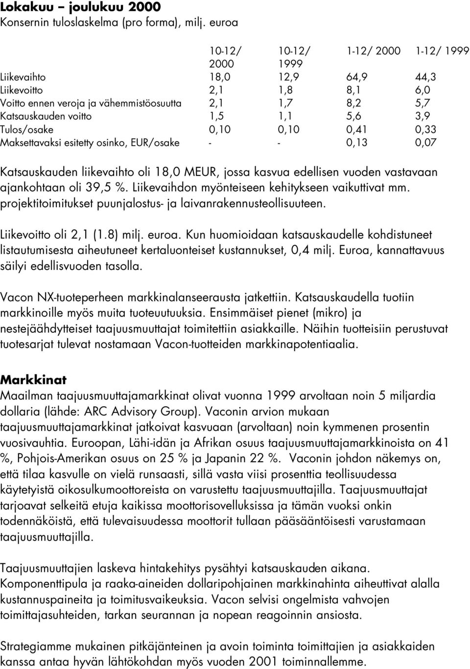 Tulos/osake 0,10 0,10 0,41 0,33 Maksettavaksi esitetty osinko, EUR/osake - - 0,13 0,07 Katsauskauden liikevaihto oli 18,0 MEUR, jossa kasvua edellisen vuoden vastavaan ajankohtaan oli 39,5 %.